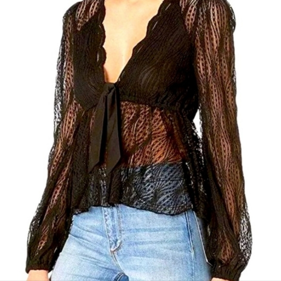 Free People Black Long Sleeve Flowy Low Cut Lace Top w/Bow - Picture 14 of 14